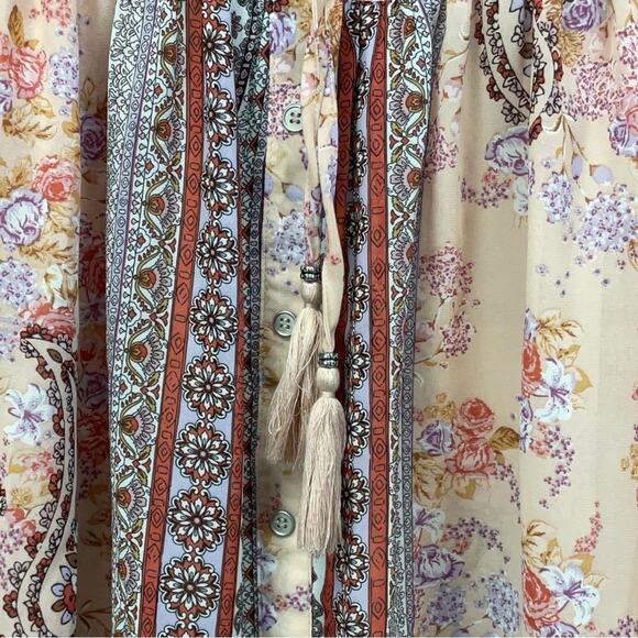 Altar’d State Blouse Women's Size S Peach Floral Paisley Boho Smocked Button Up - Picture 4 of 12